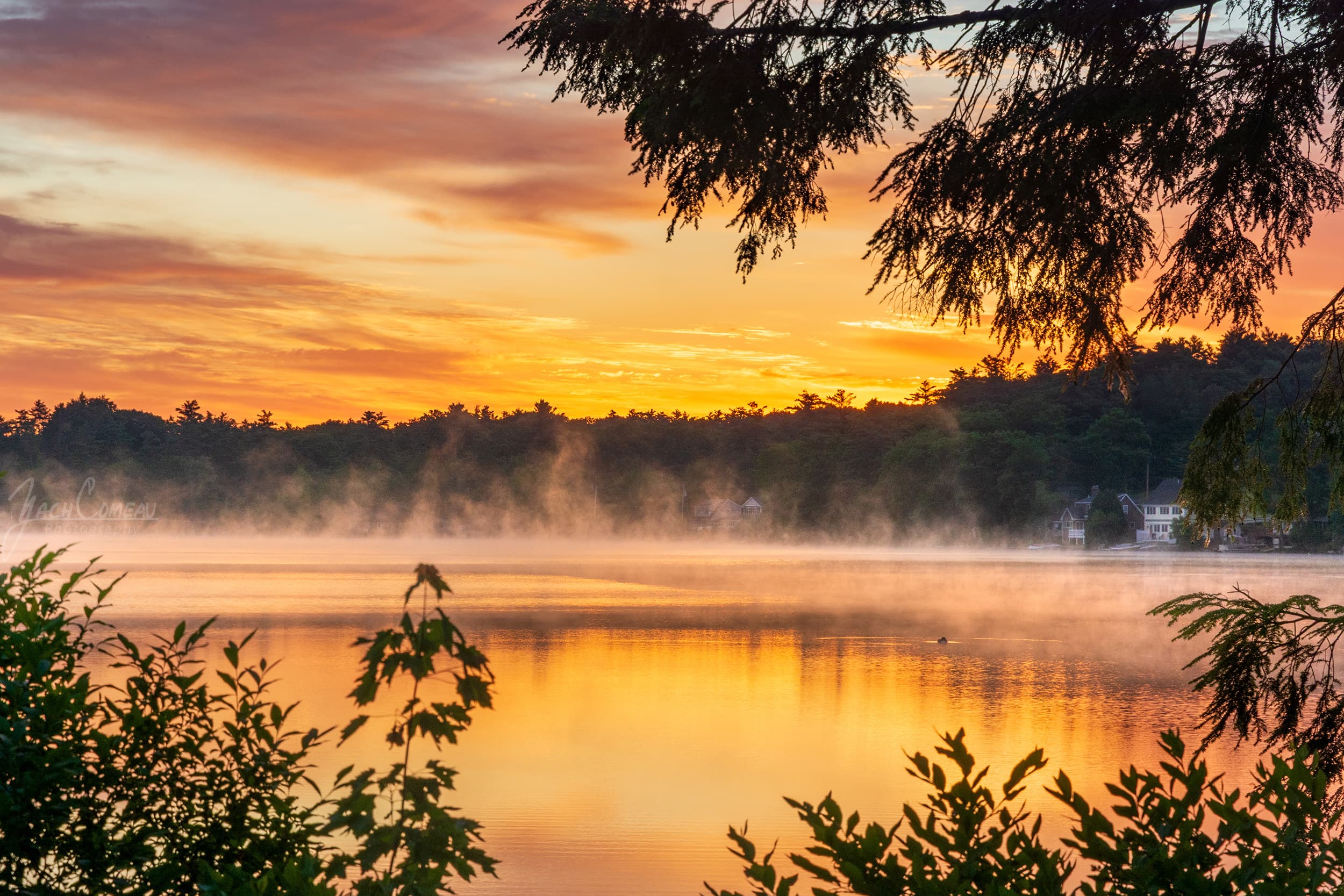 A summer sunrise over a misty Massachusetts lake